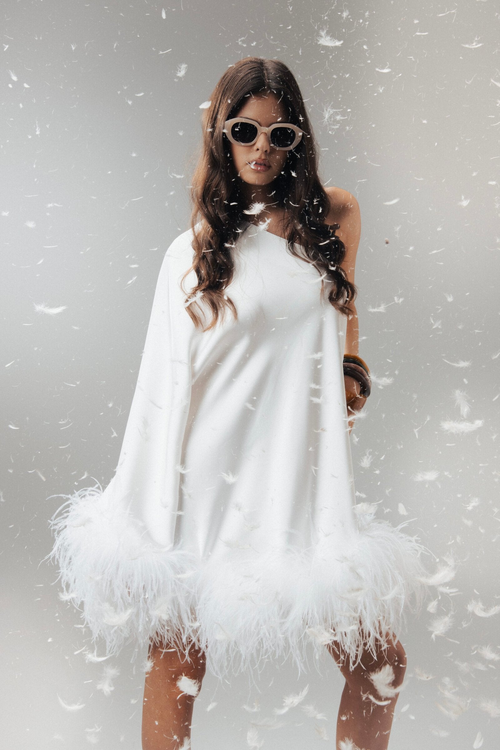Aurora White Ostrich Feather Silk Mini Dress - Matters Luxury Apparel Xs Aurora White Ostrich Feather Silk Mini Dress - Matters Luxury Apparel Xs