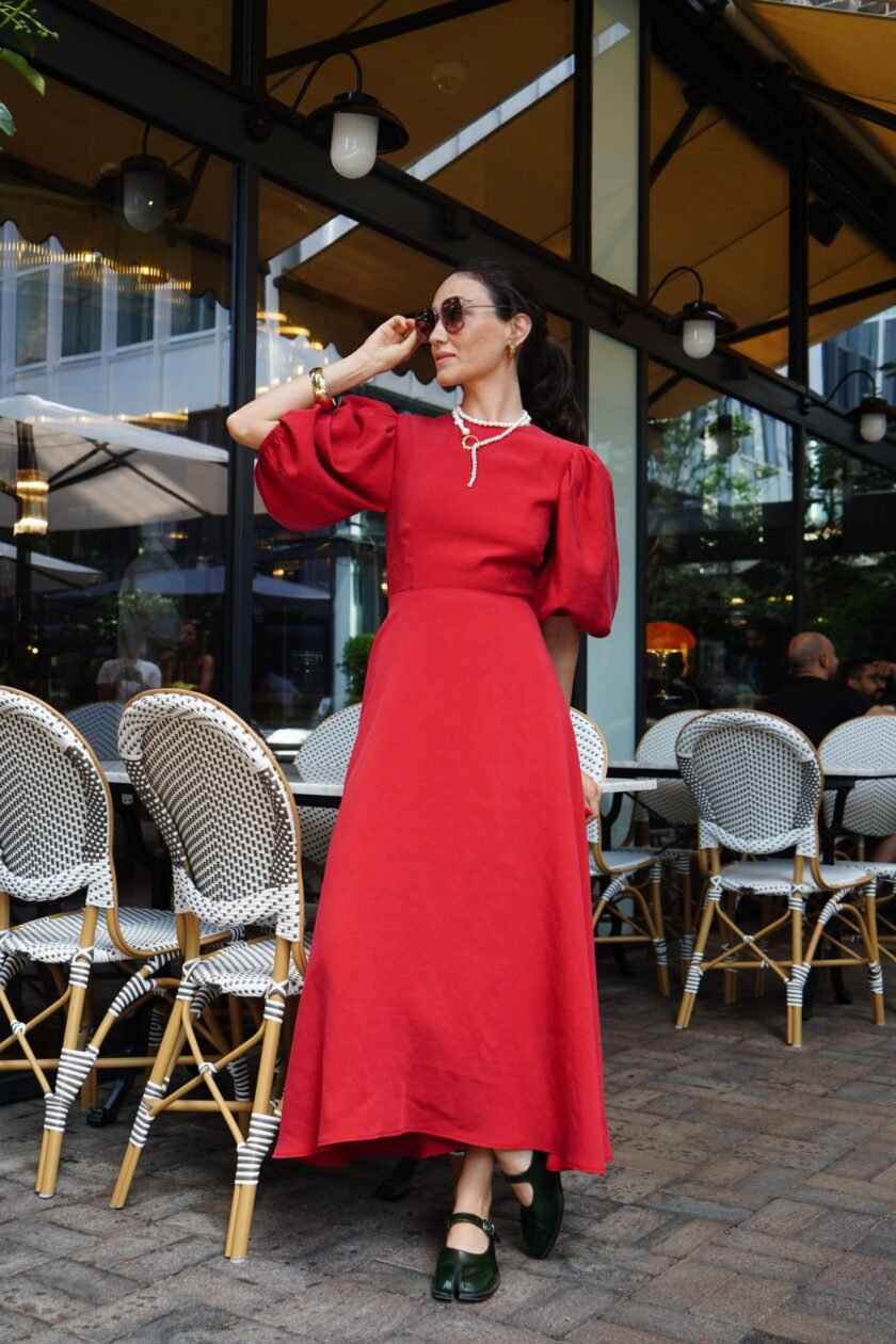 Wave Red Linen Dress - Image 4