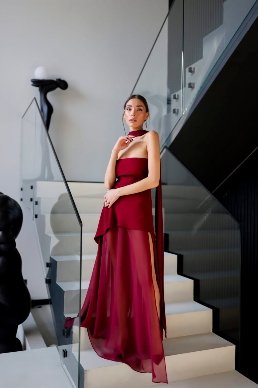 Monaco Burgundy Dress with Scarf - Image 8